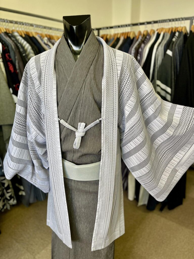 銀座　男着物　薄羽織　グレー