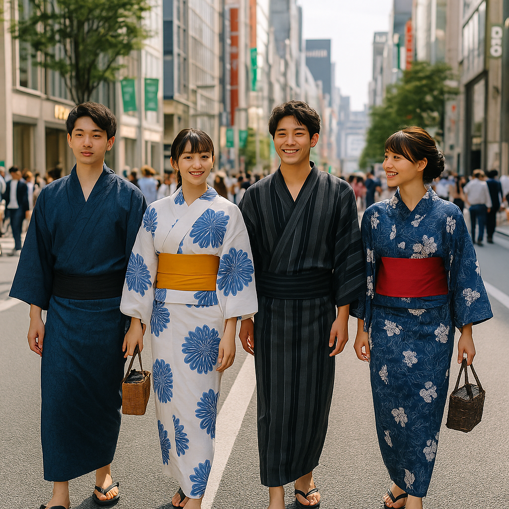 銀座中央通りを浴衣で歩く若者たち
